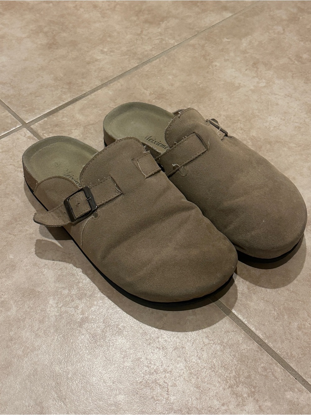 Women's Suede Slip-On Mules with Buckle in Taupe